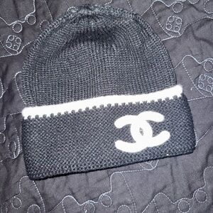 CHANEL Black and White Logo Beanie